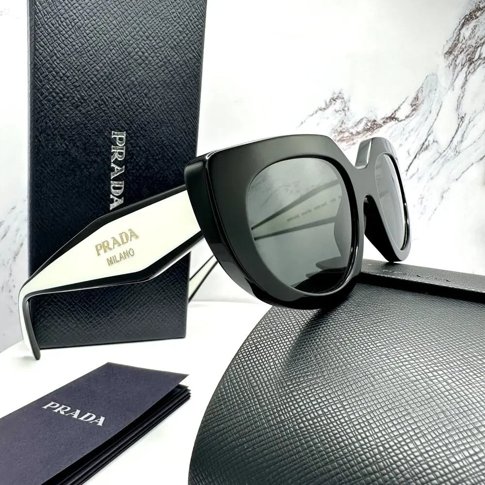 New PRADA Sunglasses Black White Talc Gold Symbole Oval Cat Eye Womens - Picture 13 of 16